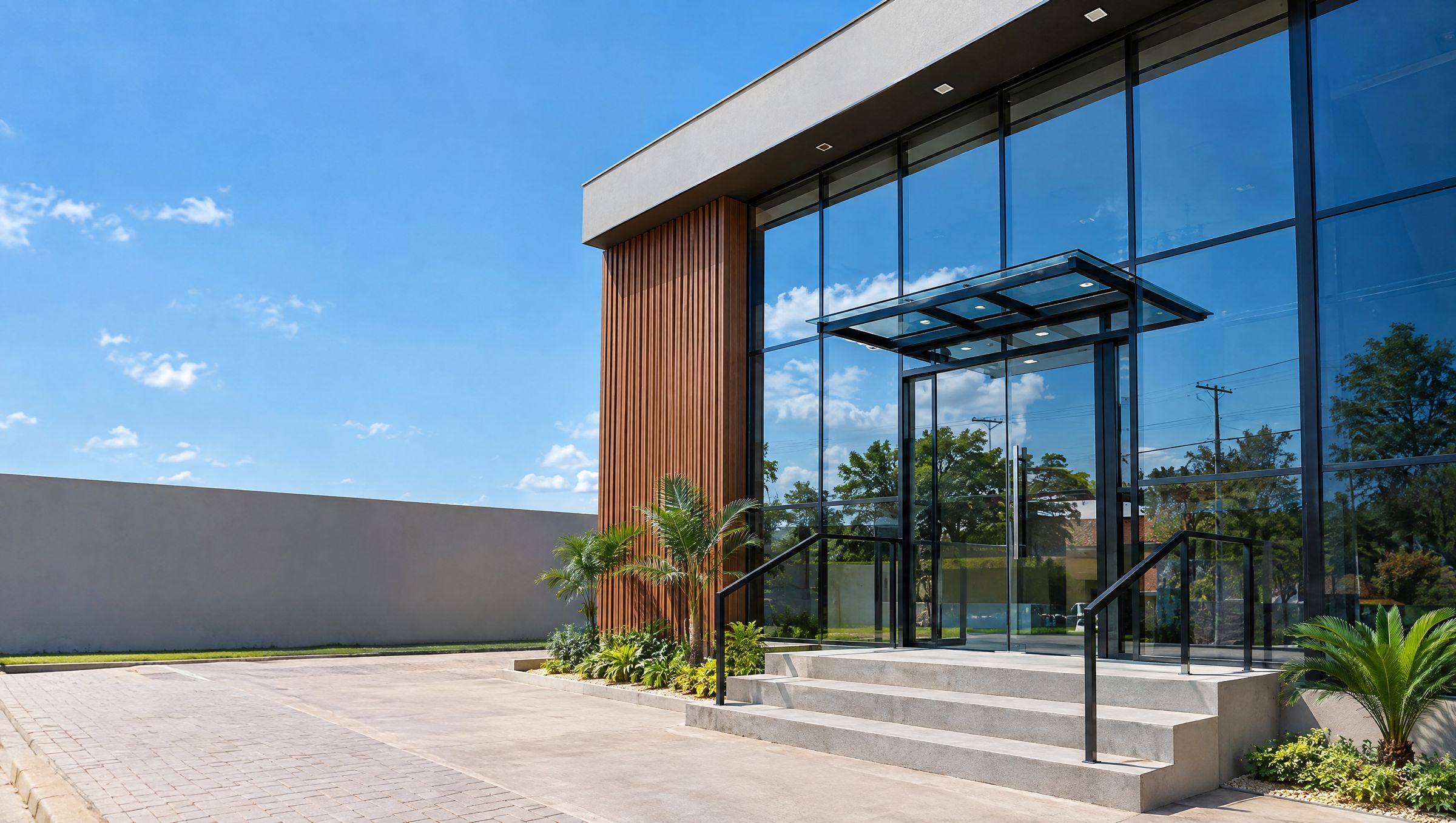 Fachada comercial com vidros e esquadrias de alumínio preto